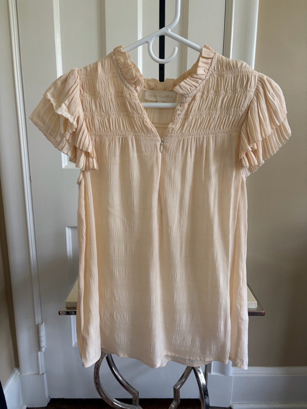 Smocked Ruffle Short-Sleeve Blouse in Cream